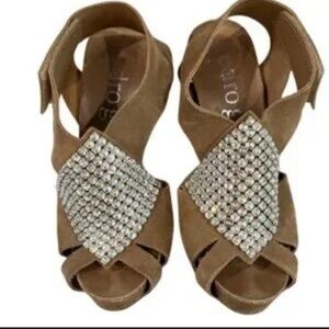 Pedro Garcia Tan Suede Heels with Swarovski Rhinestone Embellishments 36 1/2
